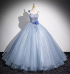 Dreamy Light Haze Blue Thin Strap 3D Floral Tulle Ball Gown Prom Dress Sweet 16 Dress