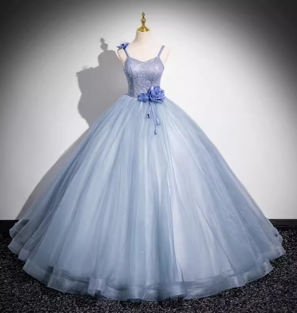 Dreamy Light Haze Blue Thin Strap 3D Floral Tulle Ball Gown Prom Dress Sweet 16 Dress
