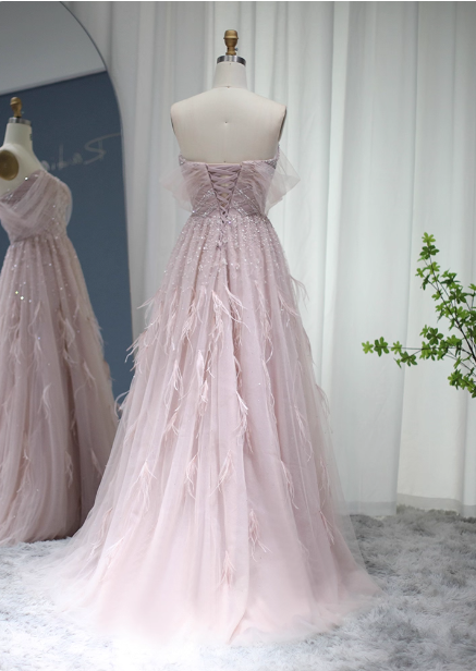 Dreamy Light Pink A-Line Sweetheart Neck Feather Beaded Tulle Long Classy Prom Dress