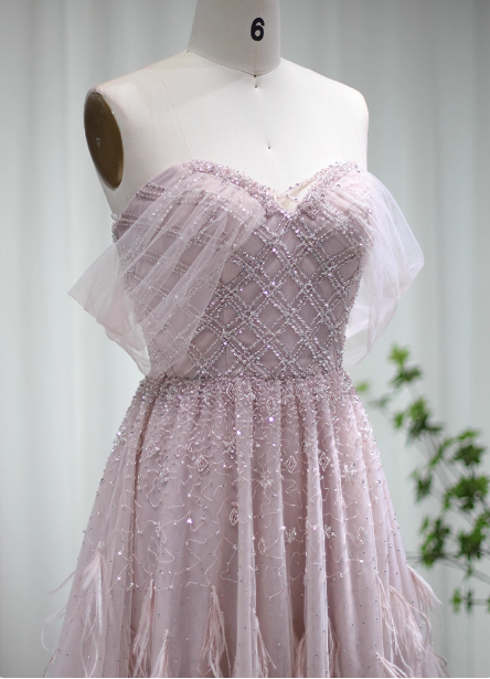 Dreamy Light Pink A-Line Sweetheart Neck Feather Beaded Tulle Long Classy Prom Dress