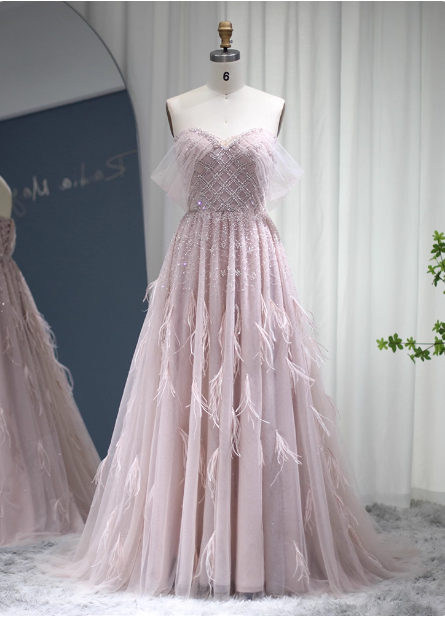 Dreamy Light Pink A-Line Sweetheart Neck Feather Beaded Tulle Long Classy Prom Dress Main image