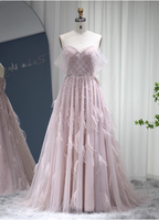 Dreamy Light Pink A-Line Sweetheart Neck Feather Beaded Tulle Long Classy Prom Dress