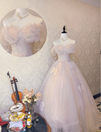 Dreamy Light Pink Off-Shoulder Tulle Floor-Length Ball Gown Prom Dress