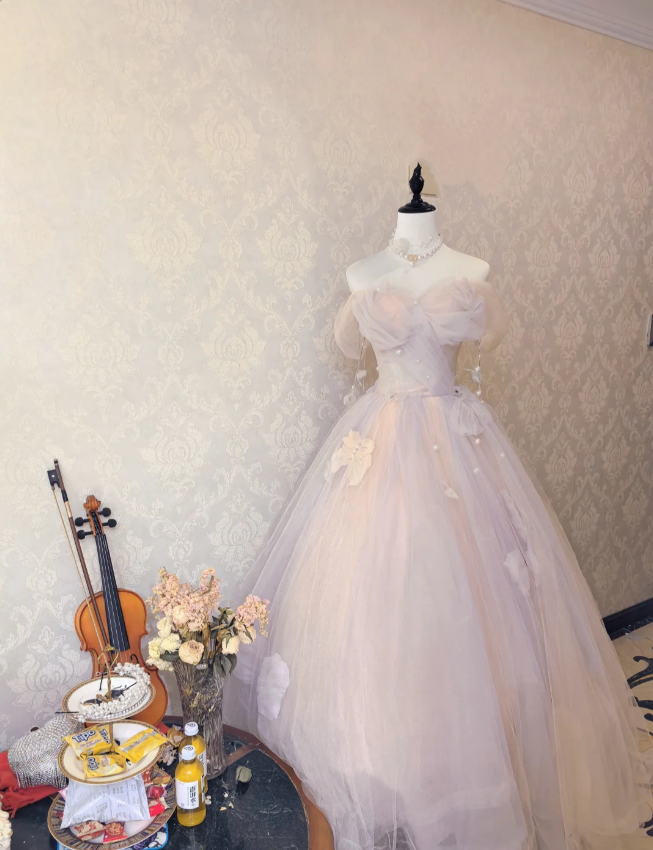Dreamy Light Pink Off-Shoulder Tulle Floor-Length Ball Gown Prom Dress