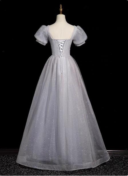 Dreamy Light Purple A-Line Square Neck Short Sleeve Tulle Long Classy Prom Dress Secondary image