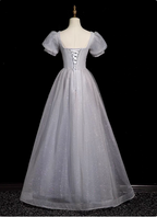 Dreamy Light Purple A-Line Square Neck Short Sleeve Tulle Long Classy Prom Dress