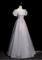 Dreamy Light Purple A-Line Square Neck Short Sleeve Tulle Long Classy Prom Dress