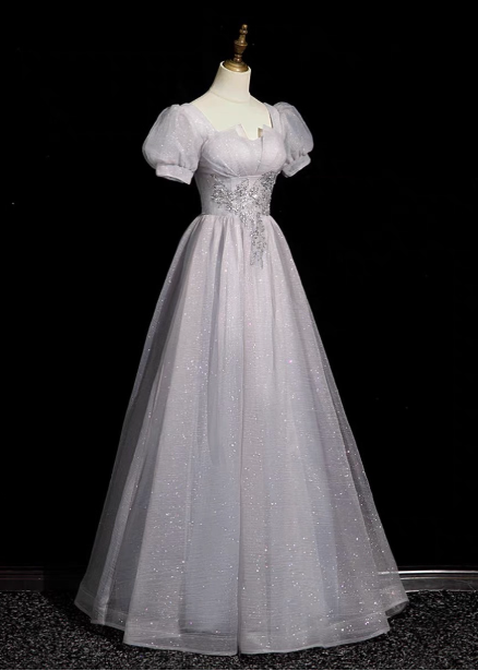 Dreamy Light Purple A-Line Square Neck Short Sleeve Tulle Long Classy Prom Dress