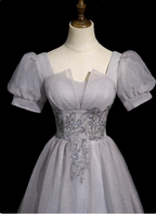 Dreamy Light Purple A-Line Square Neck Short Sleeve Tulle Long Classy Prom Dress