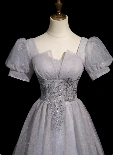 Dreamy Light Purple A-Line Square Neck Short Sleeve Tulle Long Classy Prom Dress