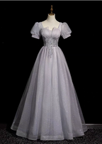 Dreamy Light Purple A-Line Square Neck Short Sleeve Tulle Long Classy Prom Dress