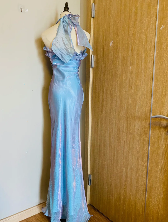 Dreamy Mermaid 3D Floral Ruffle Halter Neck Satin Long Classy Prom Dress