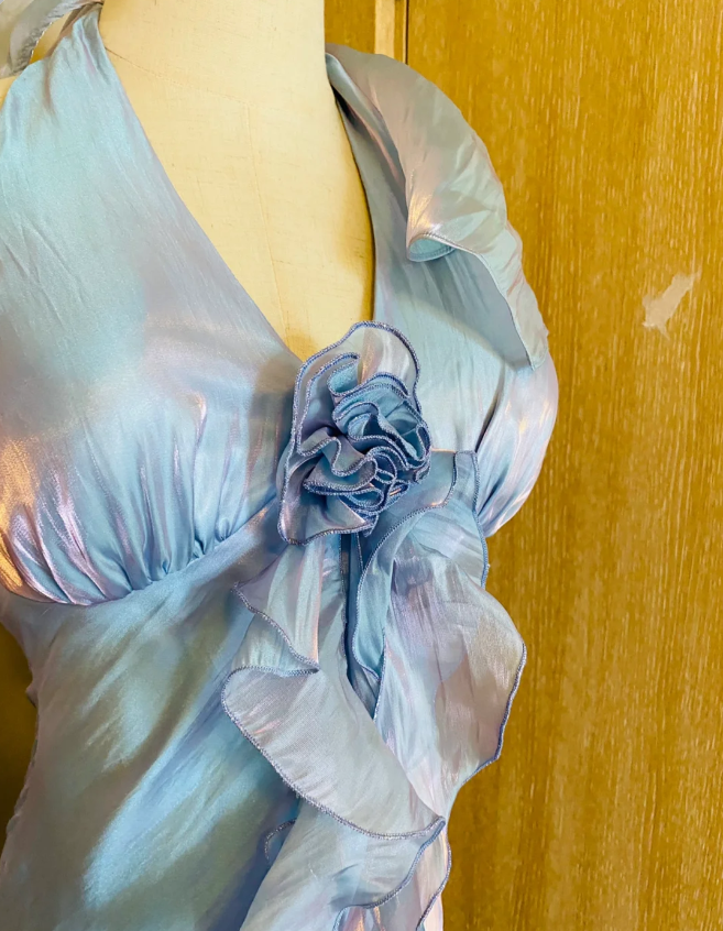 Dreamy Mermaid 3D Floral Ruffle Halter Neck Satin Long Classy Prom Dress