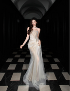 Dreamy Mermaid Strapless High-Slit Rhinestone Tulle Long Classy Prom Dress