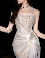 Dreamy Mermaid Strapless High-Slit Rhinestone Tulle Long Classy Prom Dress
