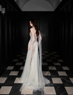 Dreamy Mermaid Strapless High-Slit Rhinestone Tulle Long Classy Prom Dress