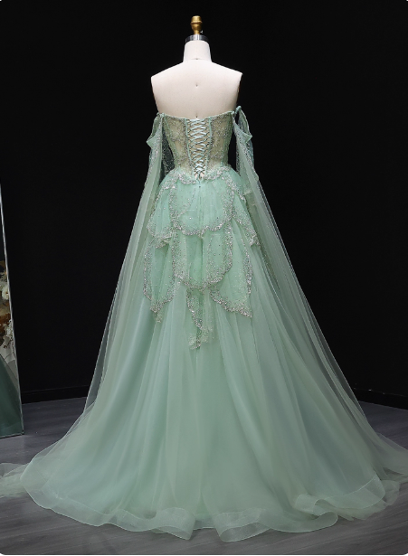 Dreamy Mint Green Off-The-Shoulder Sequin Layered Tulle Train Classy Prom Dress Secondary image