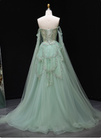 Dreamy Mint Green Off-The-Shoulder Sequin Layered Tulle Train Classy Prom Dress