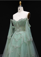 Dreamy Mint Green Off-The-Shoulder Sequin Layered Tulle Train Classy Prom Dress