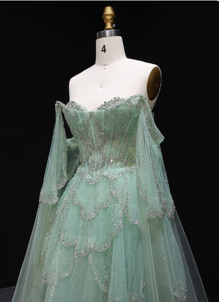 Dreamy Mint Green Off-The-Shoulder Sequin Layered Tulle Train Classy Prom Dress