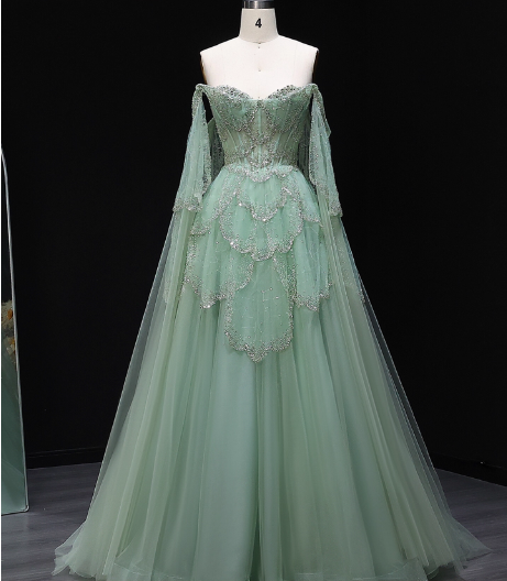 Dreamy Mint Green Off-The-Shoulder Sequin Layered Tulle Train Classy Prom Dress Main image