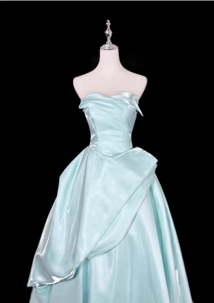 Dreamy Mint Light Blue A-Line Strapless Satin Classy Prom Dress