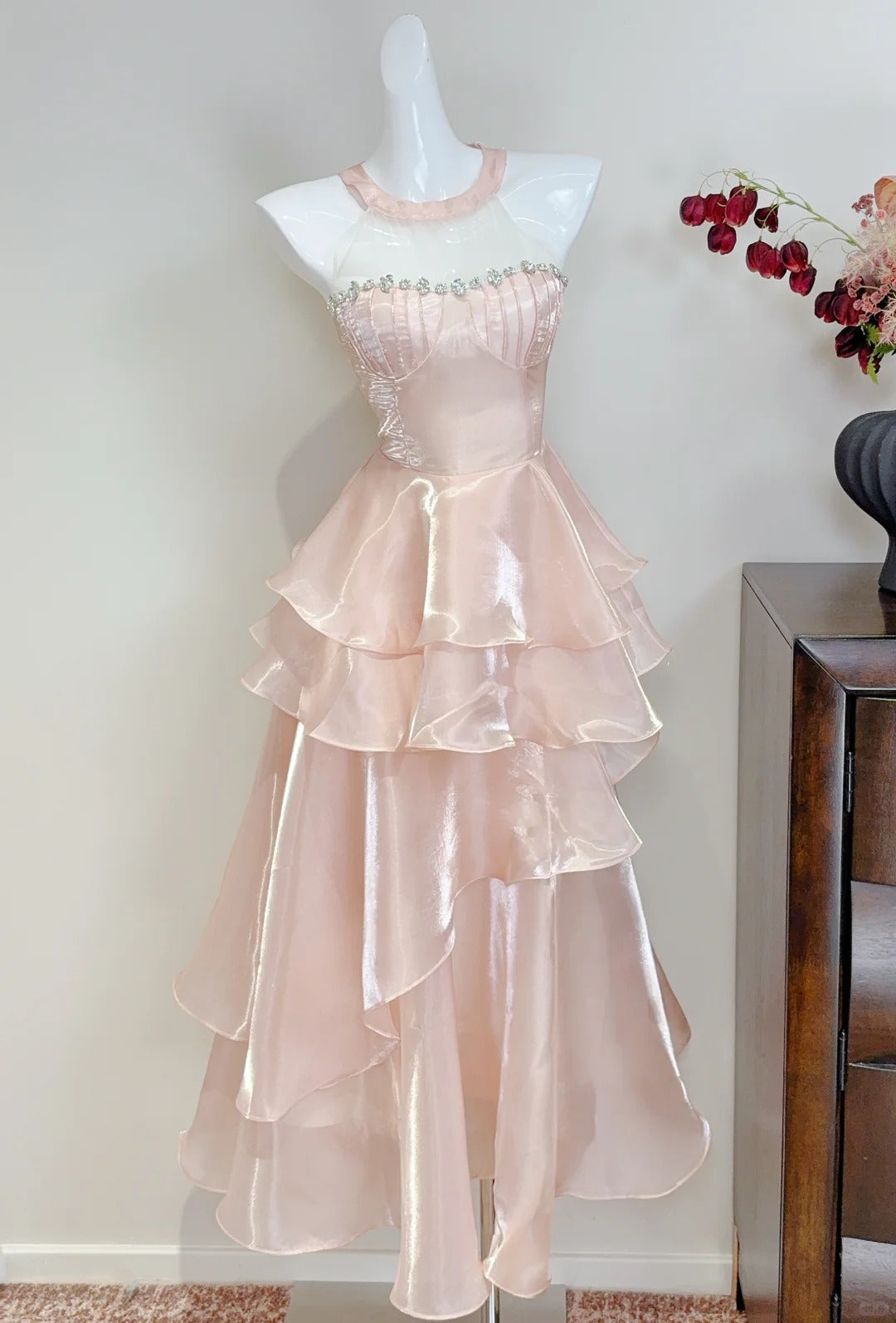 Dreamy Pink A-Line Halter Neck Ruffled Satin Classy Prom Dress Bridesmaid Dress Secondary image