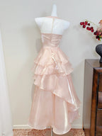 Dreamy Pink A-Line Halter Neck Ruffled Satin Classy Prom Dress Bridesmaid Dress