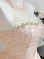 Dreamy Pink A-Line Halter Neck Ruffled Satin Classy Prom Dress Bridesmaid Dress