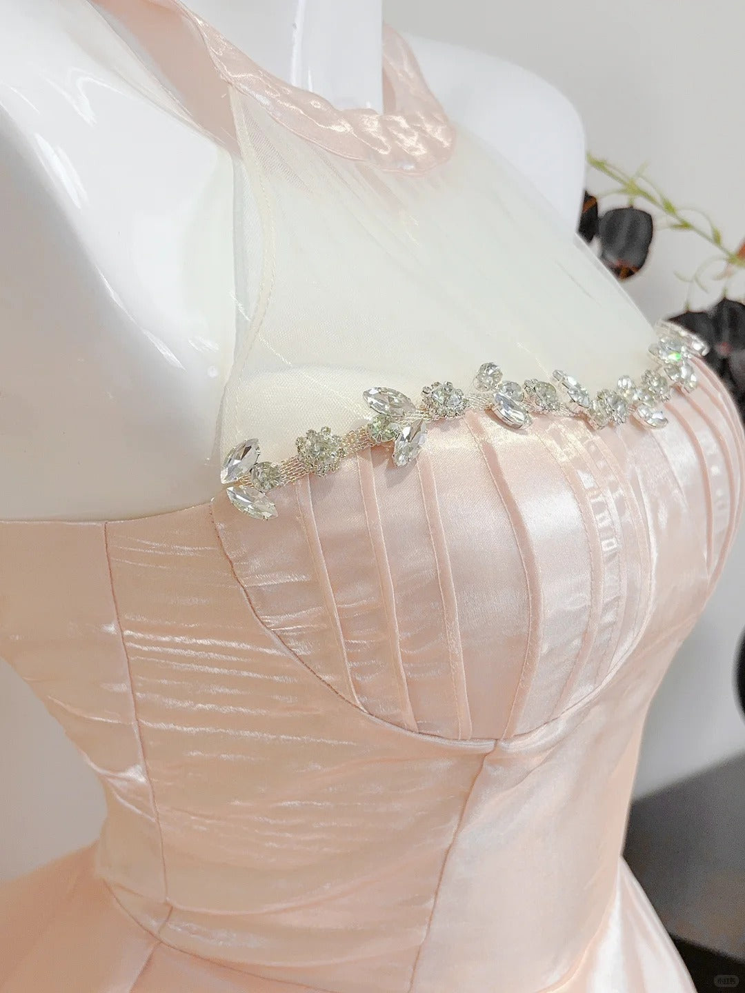Dreamy Pink A-Line Halter Neck Ruffled Satin Classy Prom Dress Bridesmaid Dress