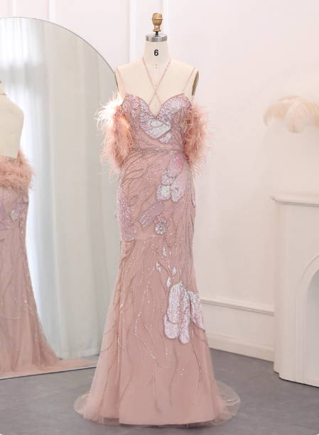 Dreamy Pink Mermaid Spaghetti Strap Open Back Beaded Sequin Tulle Long Classy Prom Dress Secondary image