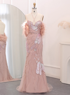 Dreamy Pink Mermaid Spaghetti Strap Open Back Beaded Sequin Tulle Long Classy Prom Dress