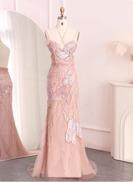 Dreamy Pink Mermaid Spaghetti Strap Open Back Beaded Sequin Tulle Long Classy Prom Dress