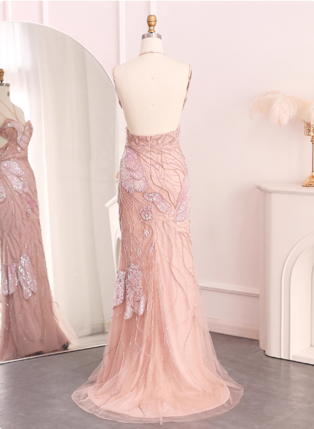 Dreamy Pink Mermaid Spaghetti Strap Open Back Beaded Sequin Tulle Long Classy Prom Dress