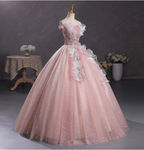 Dreamy Pink Off-Shoulder 3D Floral Iridescent Tulle Ball Gown Prom Dress Sweet 16 Dress