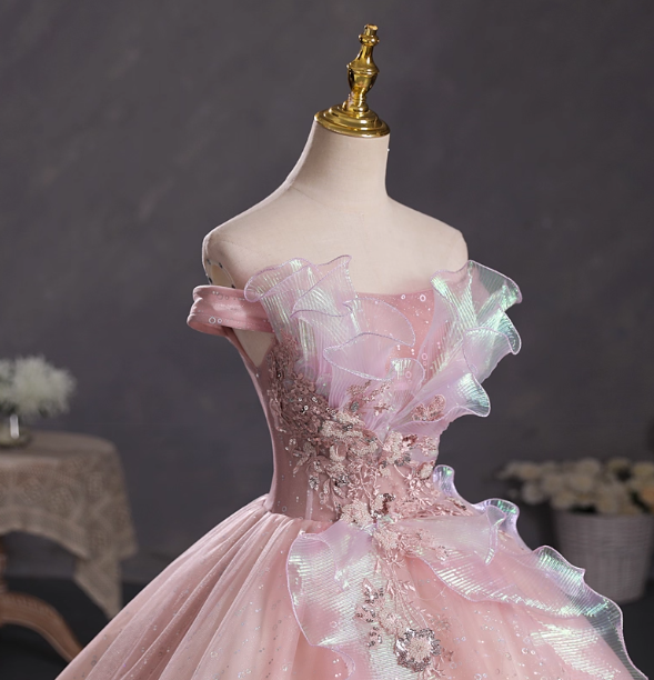 Dreamy Pink Off-Shoulder 3D Floral Iridescent Tulle Ball Gown Prom Dress Sweet 16 Dress