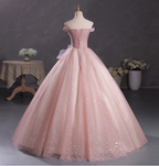 Dreamy Pink Off-Shoulder 3D Floral Iridescent Tulle Ball Gown Prom Dress Sweet 16 Dress