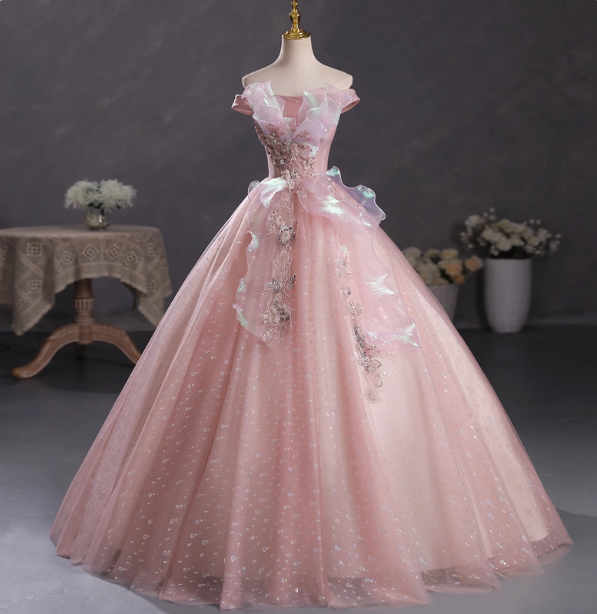 Dreamy Pink Off-Shoulder 3D Floral Iridescent Tulle Ball Gown Prom Dress Sweet 16 Dress Main image