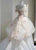 Dreamy Pink-White Off-The-Shoulder 3D Floral Tulle Long Ball Gown Prom Dress Sweet 16 Dress