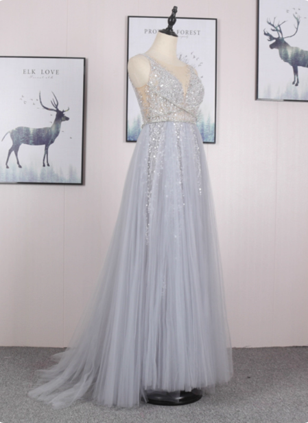 Dreamy Princess A-Line V-Neck Train Sequin Tulle Classy Prom Dress