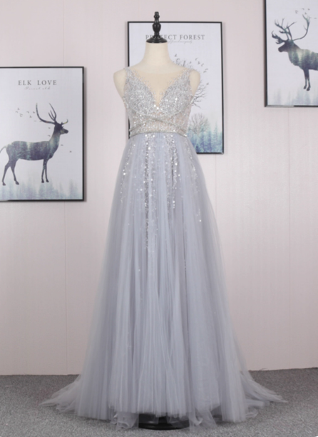 Dreamy Princess A-Line V-Neck Train Sequin Tulle Classy Prom Dress Main image