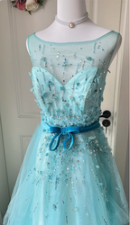 Dreamy Princess Blue A-Line Round Neck Sequined Tulle Long Classy Prom Dress