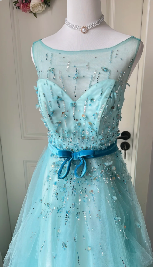 Dreamy Princess Blue A-Line Round Neck Sequined Tulle Long Classy Prom Dress