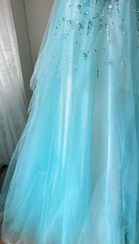 Dreamy Princess Blue A-Line Round Neck Sequined Tulle Long Classy Prom Dress