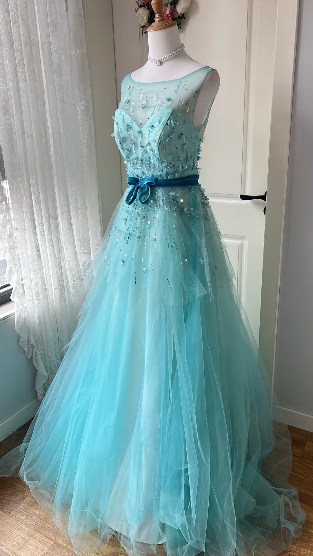 Dreamy Princess Blue A-Line Round Neck Sequined Tulle Long Classy Prom Dress