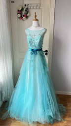 Dreamy Princess Blue A-Line Round Neck Sequined Tulle Long Classy Prom Dress
