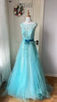 Dreamy Princess Blue A-Line Round Neck Sequined Tulle Long Classy Prom Dress