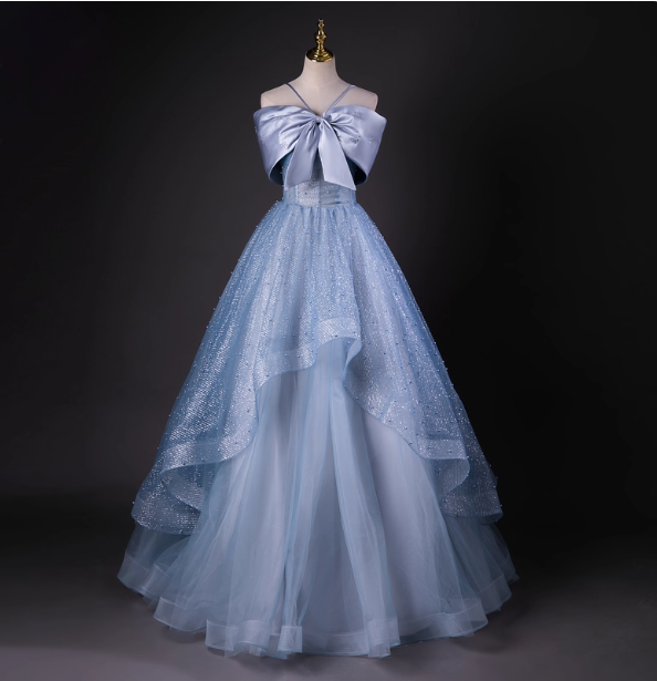 Dreamy Princess Blue Off-Shoulder Oversized Bow Tulle Long Ball Gown Prom Dress Sweet 16 Dress
