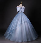 Dreamy Princess Blue Off-Shoulder Oversized Bow Tulle Long Ball Gown Prom Dress Sweet 16 Dress