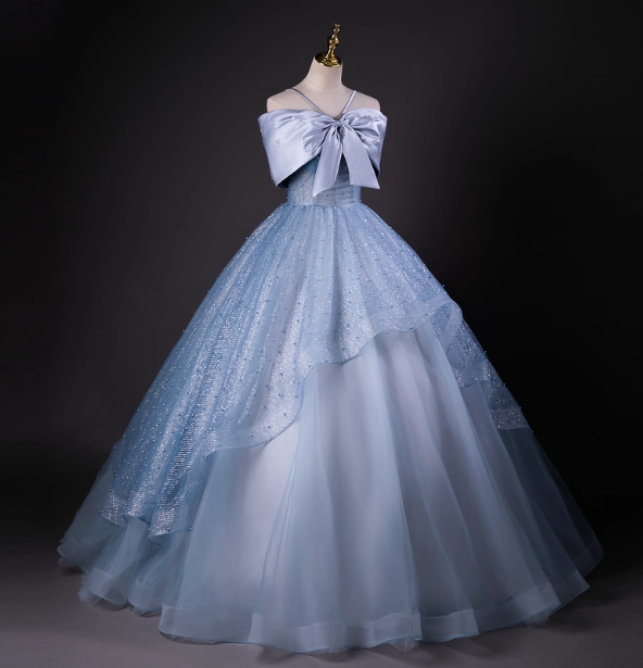 Dreamy Princess Blue Off-Shoulder Oversized Bow Tulle Long Ball Gown Prom Dress Sweet 16 Dress